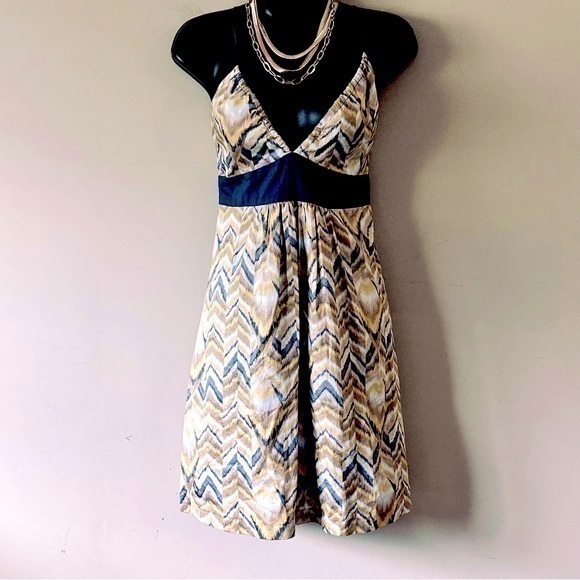 Vintage BCBGeneration Sweetheart Mini Dress M Blue Gold Chevron Spaghetti Straps - Picture 1 of 11
